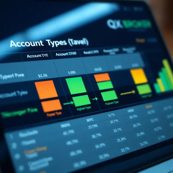 Comparison chart illustrating various account types and fee structures offered by QXBroker