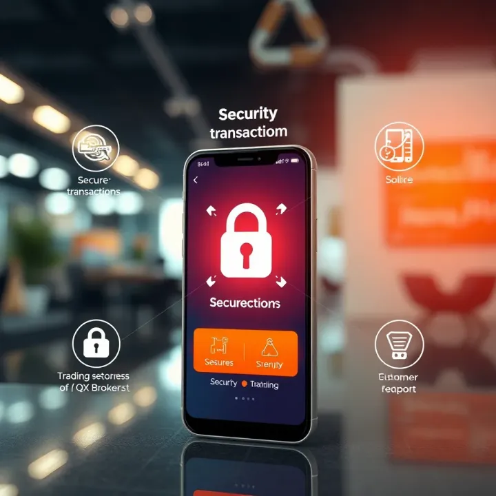 Graphical representation of secure transactions and customer support features on QXBroker app