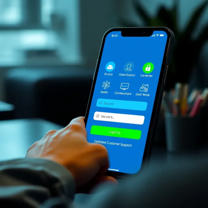 QXBroker App Security Features and Dedicated Customer Support Secure login screen of QXBroker app with security features and customer support icons