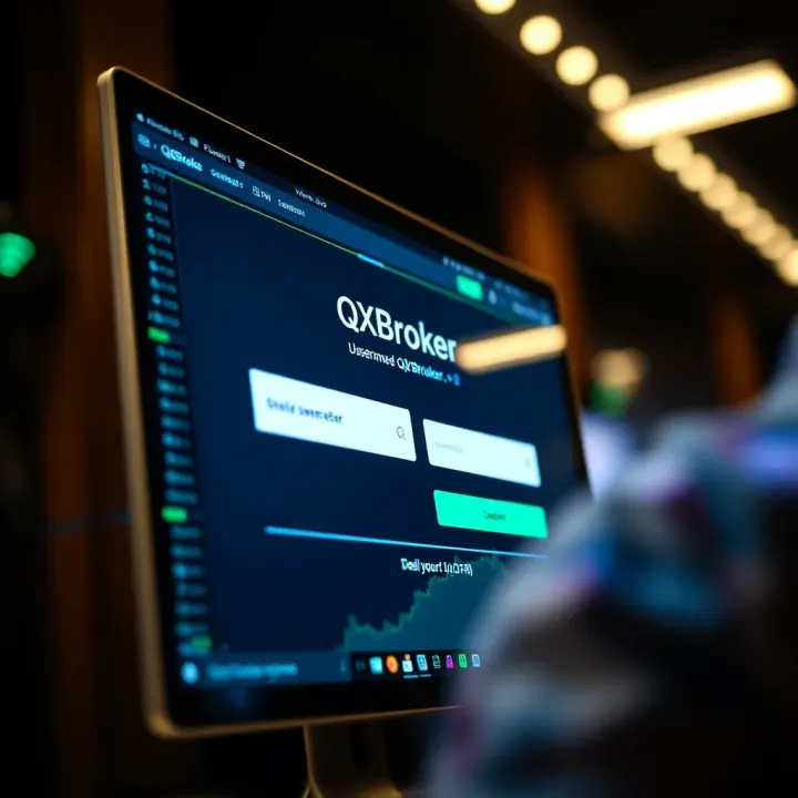 Secure login screen displaying QXBroker platform interface with username and password fields