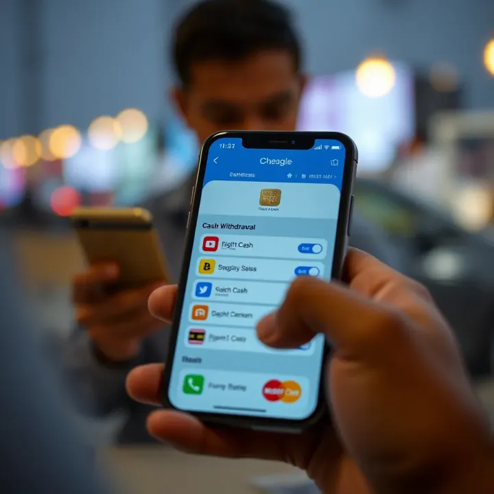 Mobile phone displaying digital cash withdrawal options in a banking app