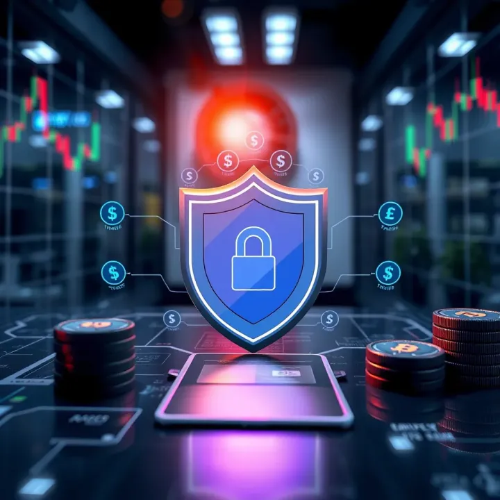 Illustration of secure financial transactions with digital currency symbols and shield icons representing safety