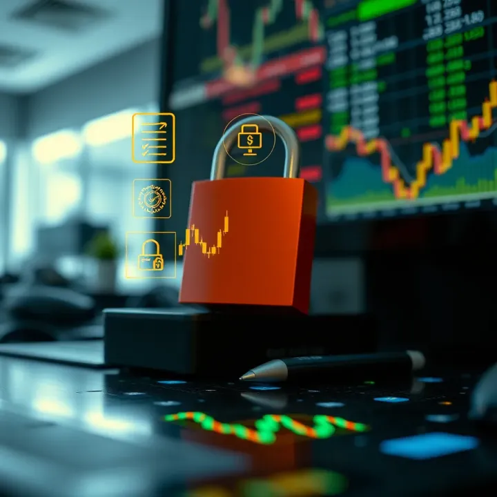 Illustration of secure trading with regulatory compliance symbols and digital security icons