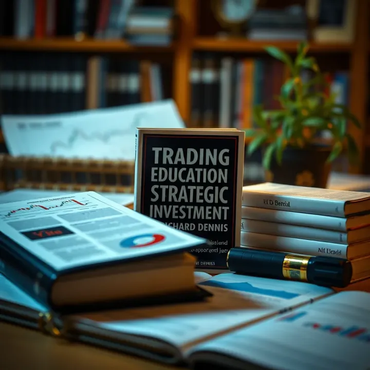 Trading Education and Strategic Investments by Richard Dennis Books and charts symbolizing trading education and strategic investments