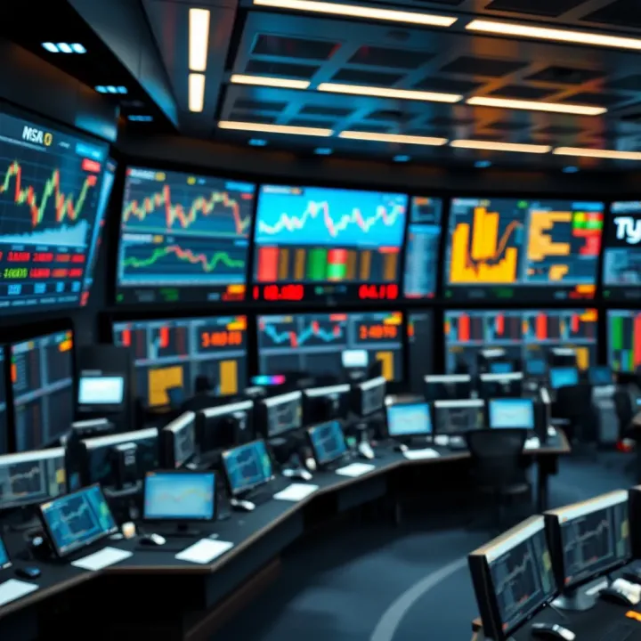 A dynamic trading floor with multiple screens displaying stock charts and market trends