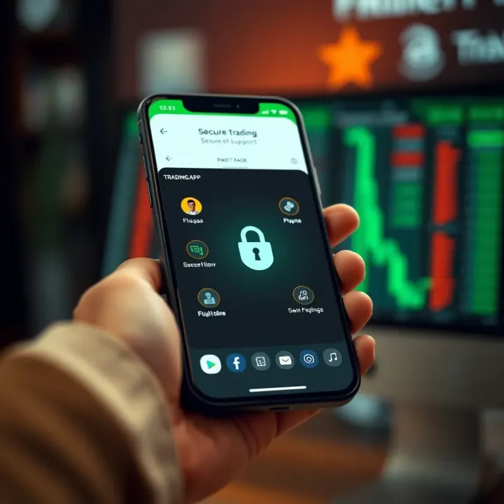 Secure trading app on smartphone showing financial security icons and customer support features