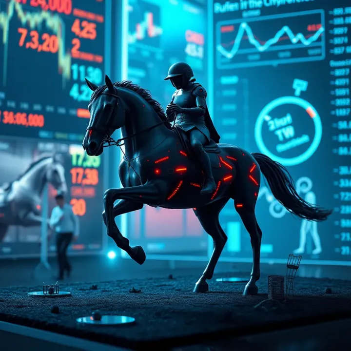 Visualization of AI algorithms analyzing strategic battlefield scenarios with a digital warhorse