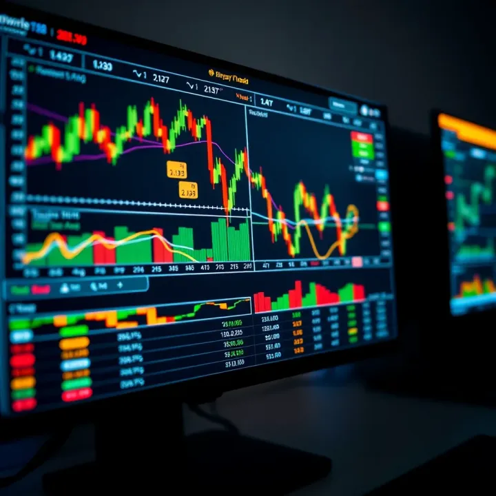 Digital interface showing financial charts and binary trading options on a computer screen