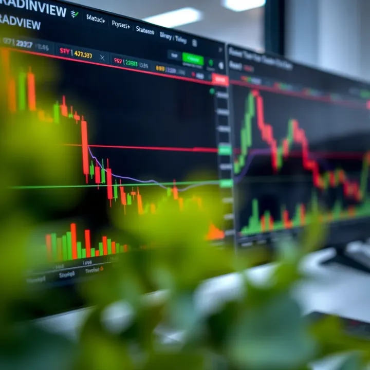 TradingView interface displaying binary option charts with various technical indicators and trend lines