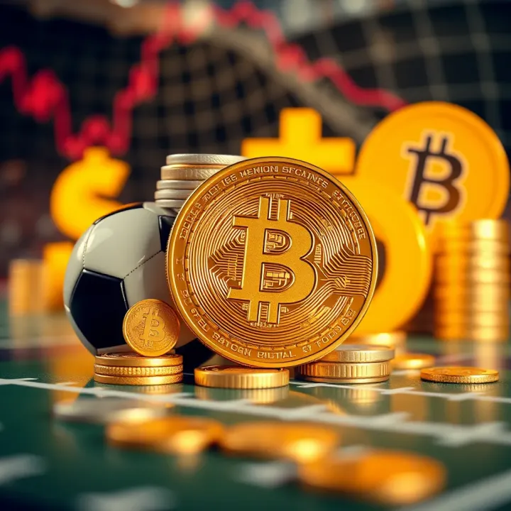 Digital representation of Bitcoin and sports betting icons with a football and currency symbols
