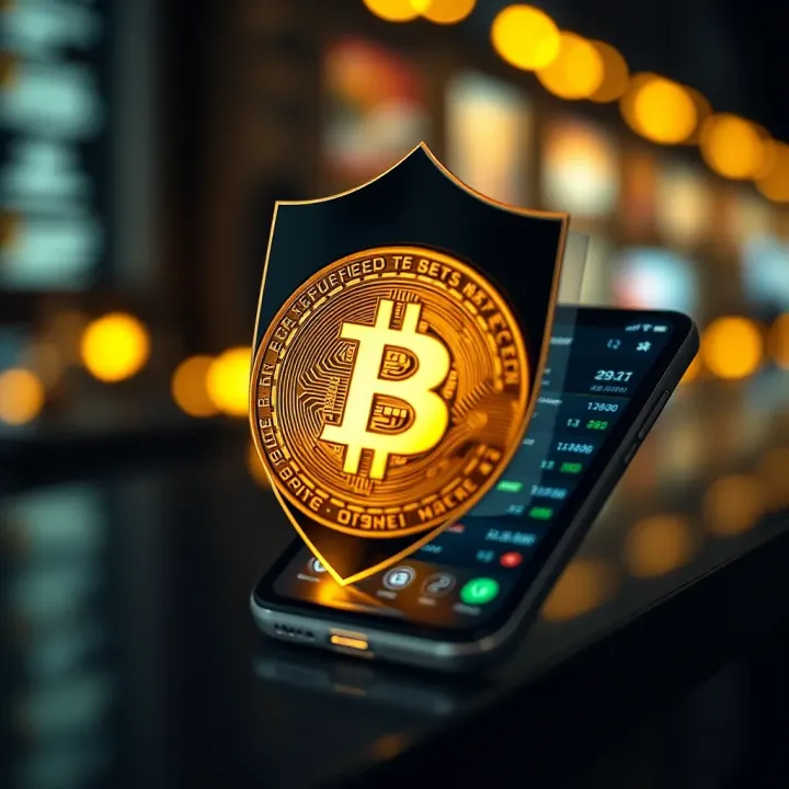 Secure Bitcoin Betting on Mobile with Enhanced Privacy Features Security shield overlaying a smartphone displaying a Bitcoin wallet and betting odds