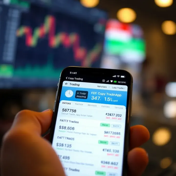 Mobile phone screen displaying a copy trading app interface with charts and trade options