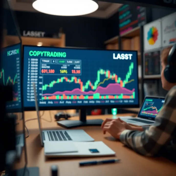 Illustration showing the concept of copytrading with a digital interface displaying stock charts and trade replication