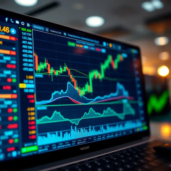 Digital interface displaying cryptocurrency charts and demo trading dashboard