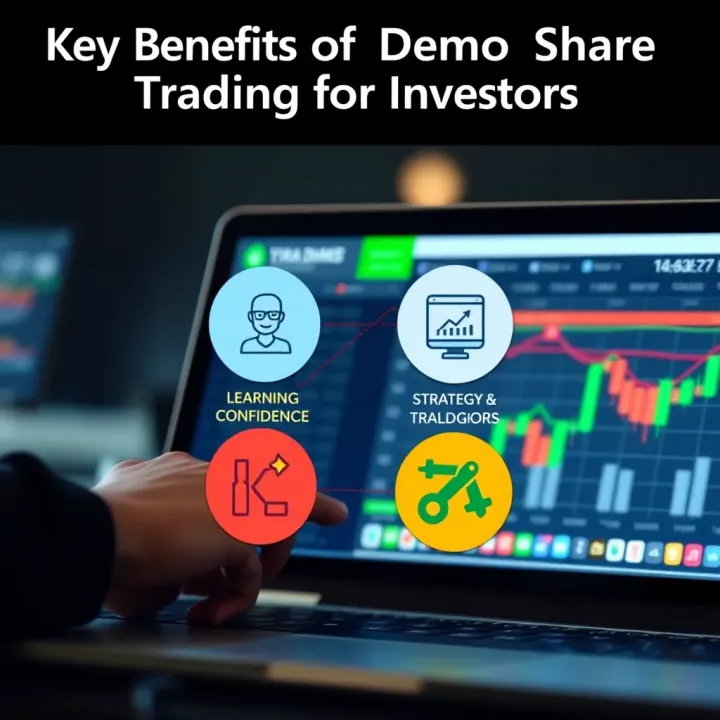 Graphic showing benefits of demo trading with icons representing learning, confidence, and strategy building