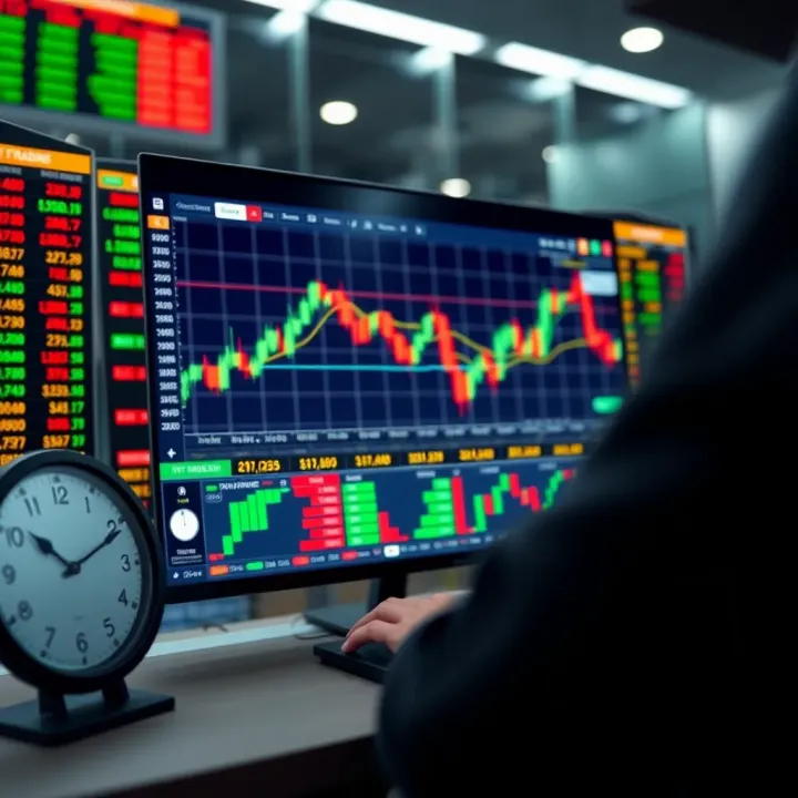 Illustration of virtual stock market interface displaying trading charts and stock prices for practice