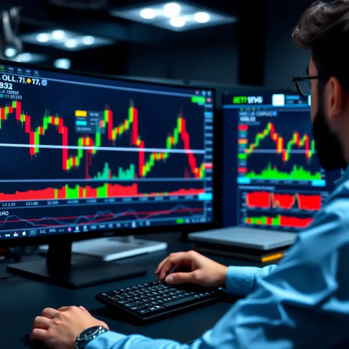 Trader analyzing stock market charts on a computer screen for practice trading