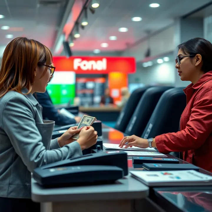 Bank teller assisting customer with cash deposit at counter