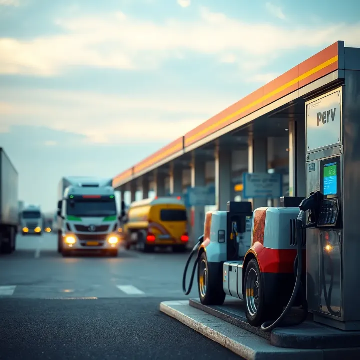 Fuel station with diesel pumps and vehicles using diesel engine road vehicle fuel