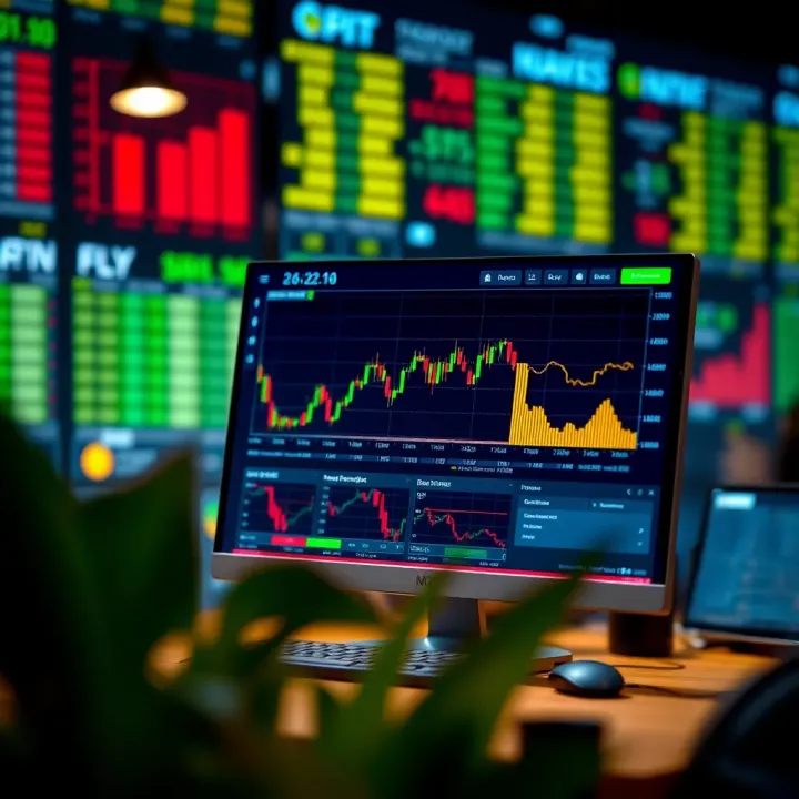 Illustration of a computer screen displaying a simulated stock trading dashboard with charts and buy sell options