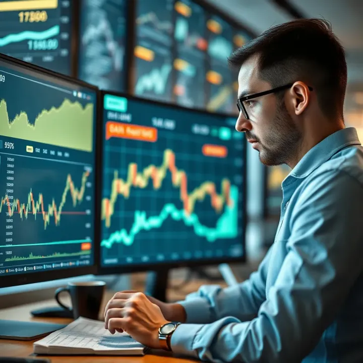Conceptual illustration showing a trader analyzing financial charts on multiple screens with a digital capital growth graph in the background