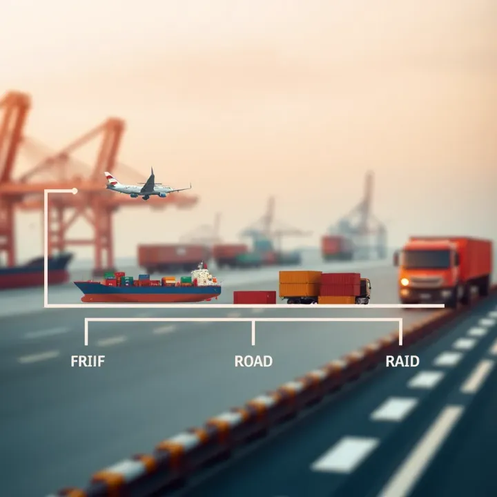 Illustration showing various export methods including sea freight, air freight, and road transport