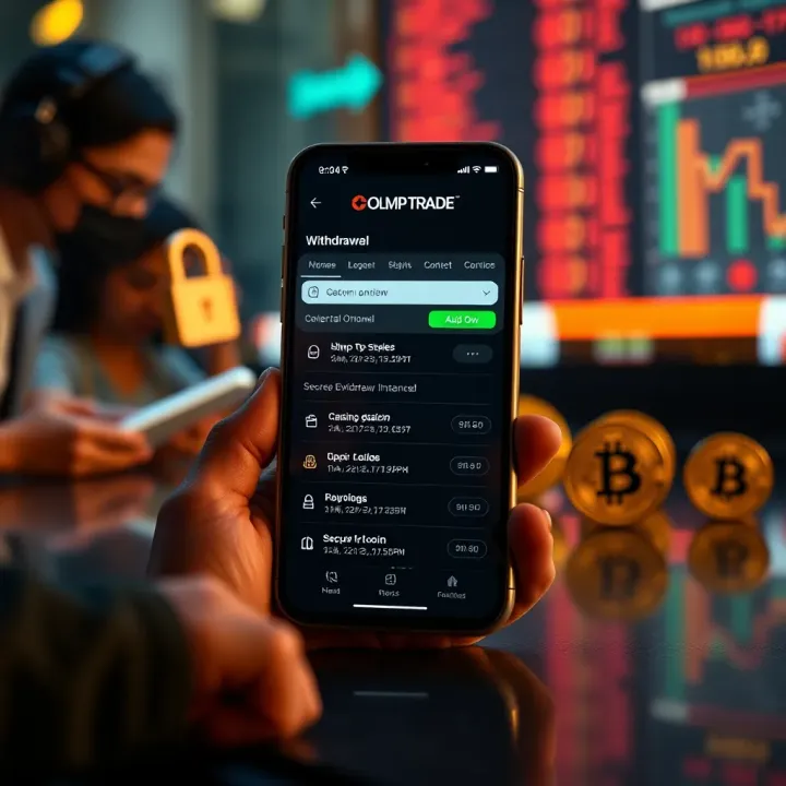 Illustration showing secure financial transaction with digital currency icons and a smartphone screen displaying withdrawal options