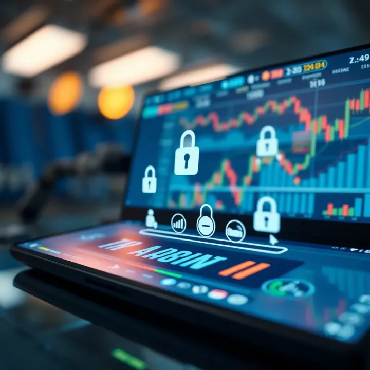 Illustration of secure digital trading platform with encryption and user authentication icons