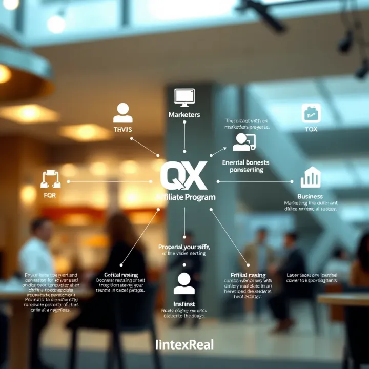 Diagram illustrating the workflow of QX Affiliate program with connections between marketers and businesses