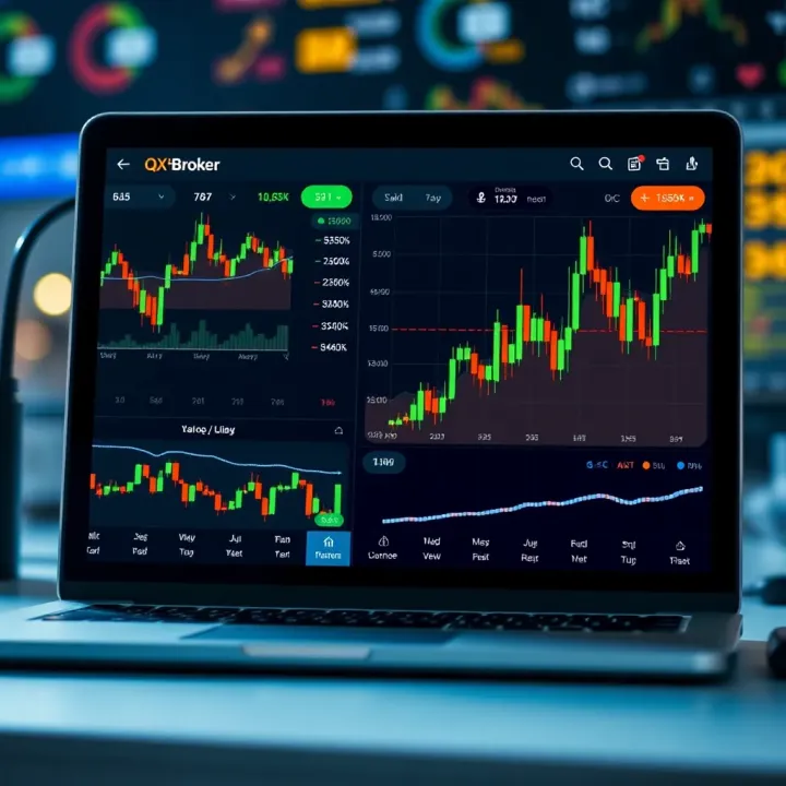 User interface of QXBroker trading app showing various financial instruments and market trends