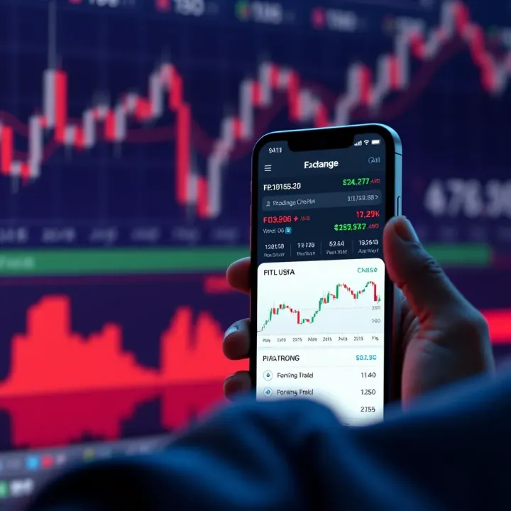 Mobile phone displaying a forex trading app interface with currency exchange rates and charts