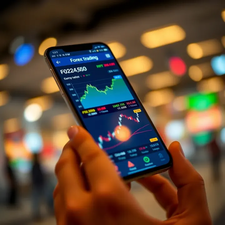 Mobile phone displaying forex trading app interface with currency exchange rates and graphs