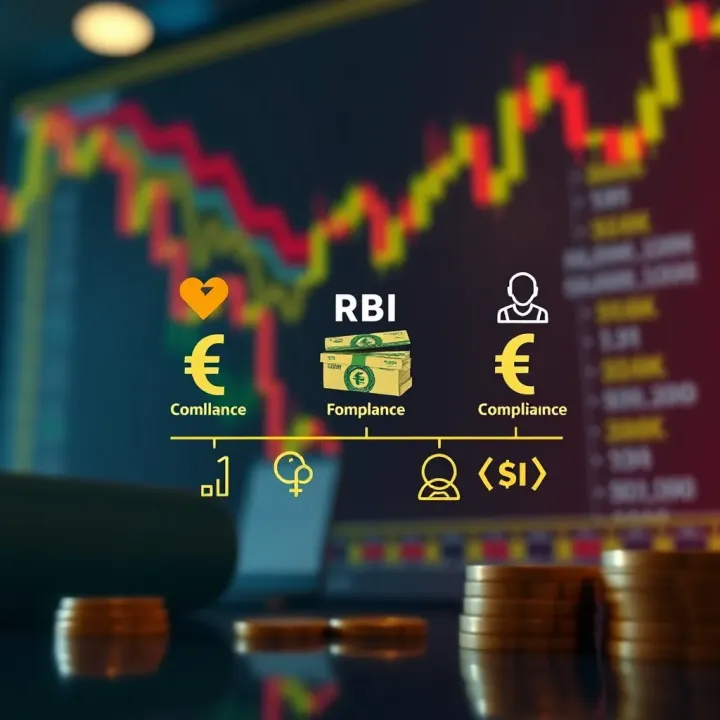 Diagram showing the regulatory framework of RBI authorised forex trading platforms in India with currency symbols and compliance icons
