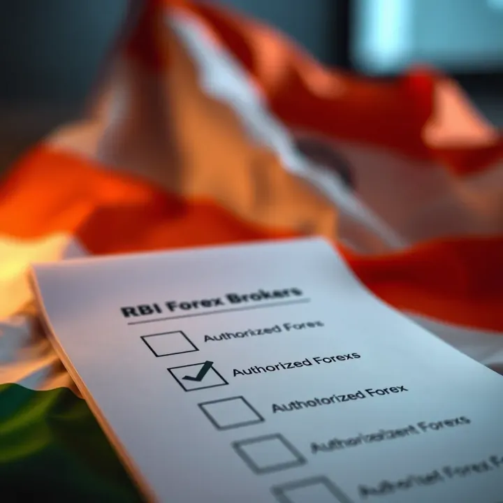 Graphic depicting a checklist with authorized forex brokers marked and an Indian flag in the background