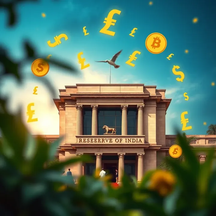 Illustration showing the Reserve Bank of India's building with currency symbols surrounding it representing forex regulation