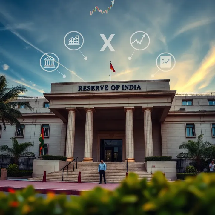 Illustration showing the Reserve Bank of India building with forex trading symbols and regulatory icons