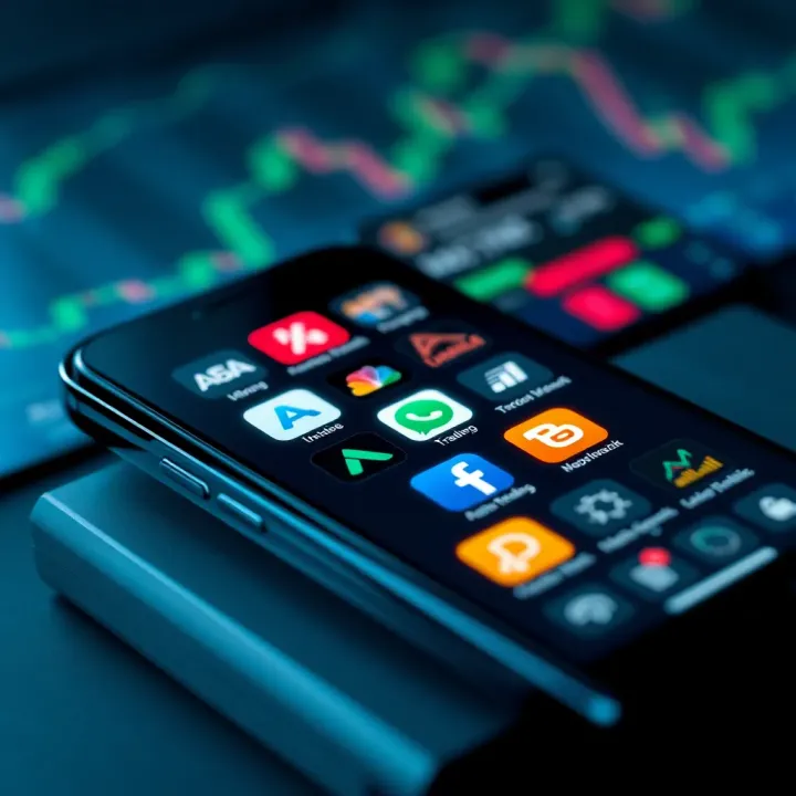 Smartphone displaying a variety of real money trading app icons with financial charts and currency symbols